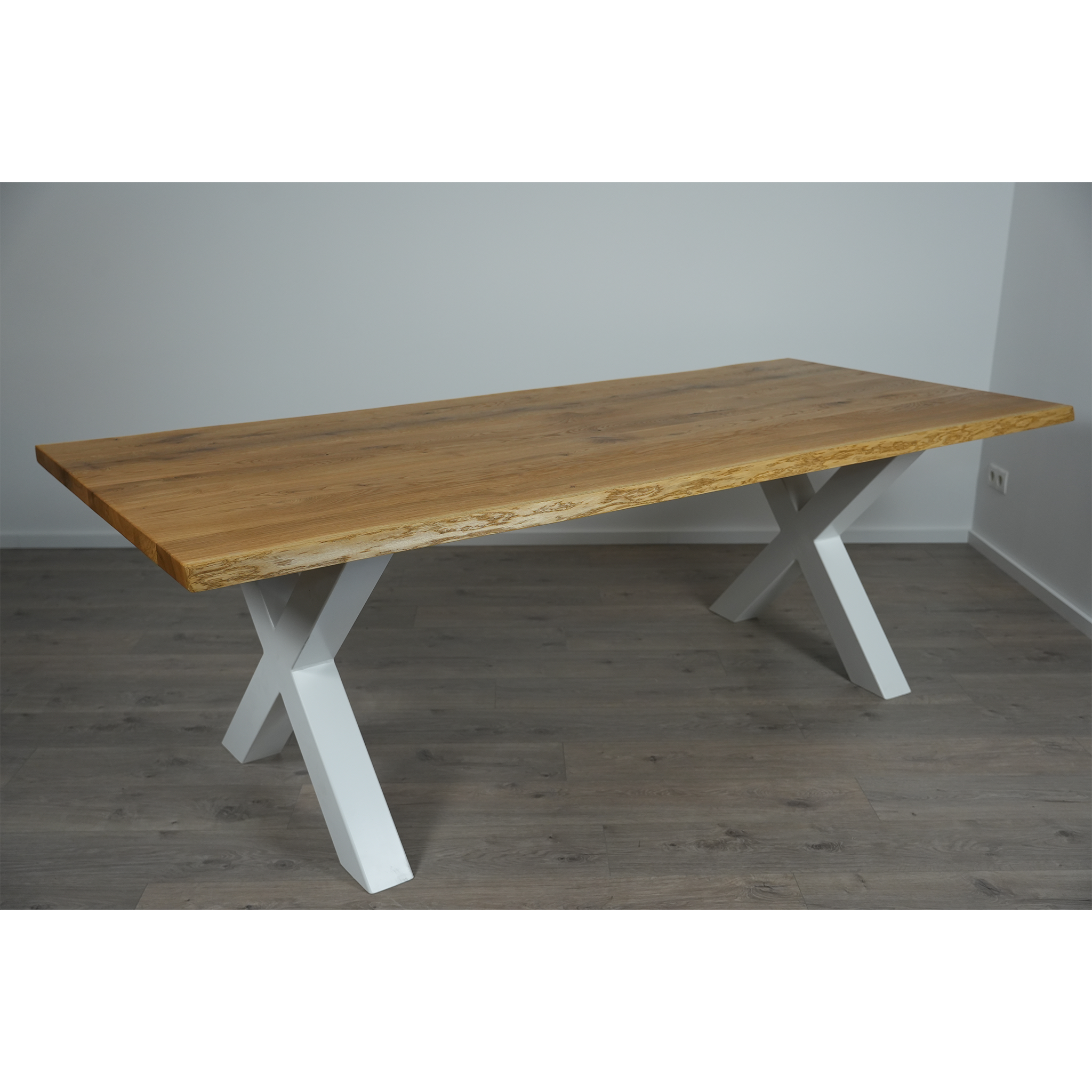Massivhol Esstisch | Baumkante X - Gestell / Weiß
