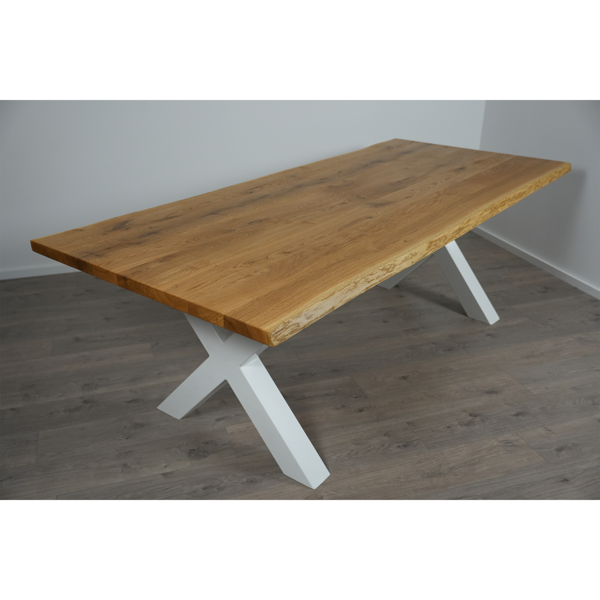 Massivhol Esstisch | Baumkante X - Gestell / Weiß