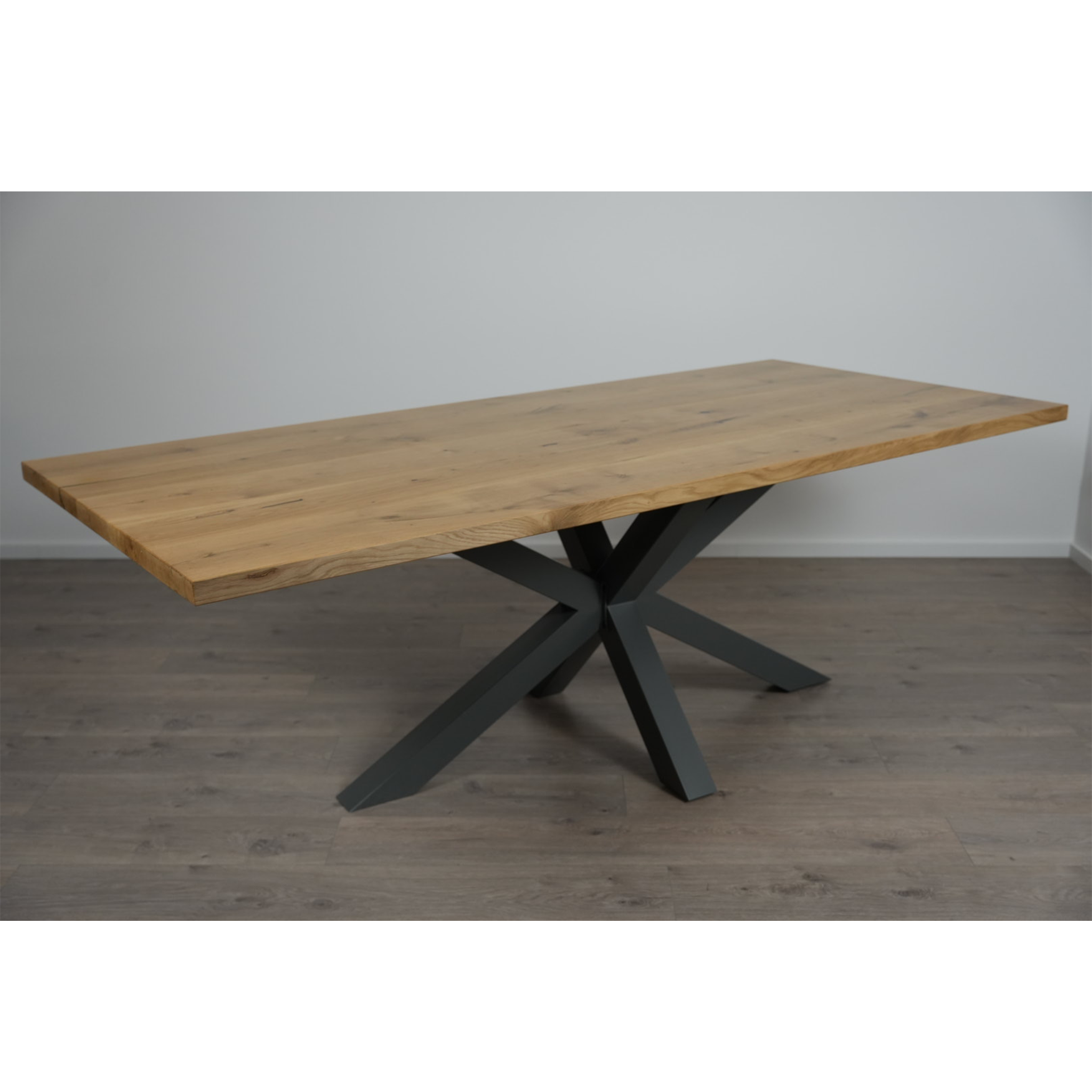 Massivholz Esstisch| Gerade Kante Spider Gestell / Grau